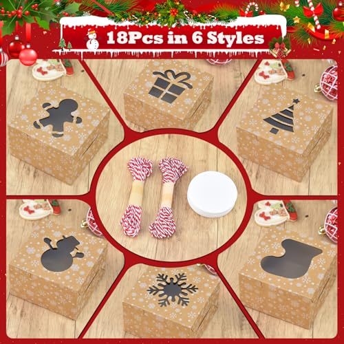Brown Christmas Cookie Gift Boxes with Window - 18 Pack, 6x6x3 Inch