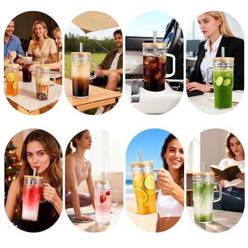 24oz Glass Tumbler with Handle, Bamboo Lid and Stainless Steel Straw