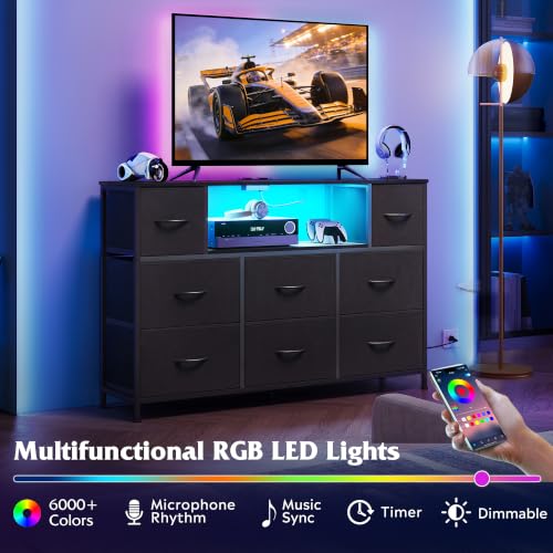 LED Dresser TV Stand for 55 Inch TV with Power Outlet & 8 Fabric Drawers
