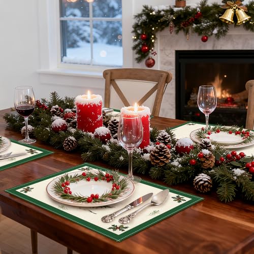 OTOSTAR Christmas Tree Green Placemats Set of 6, 12x18 Inch Holiday Table Decor