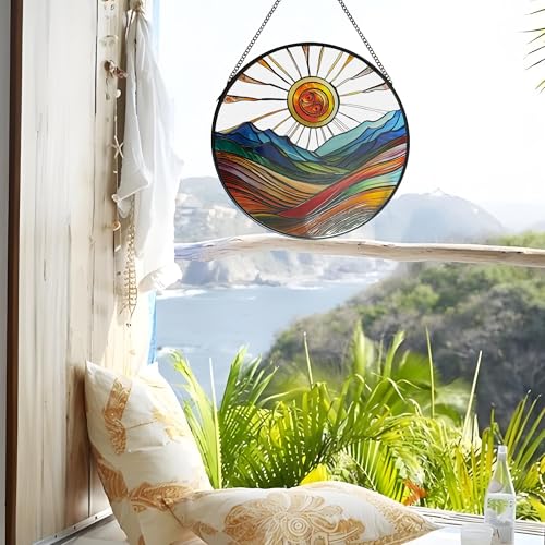 Sun Catcher Stained Glass Wall Art - 9.8" Round Hanging Decor