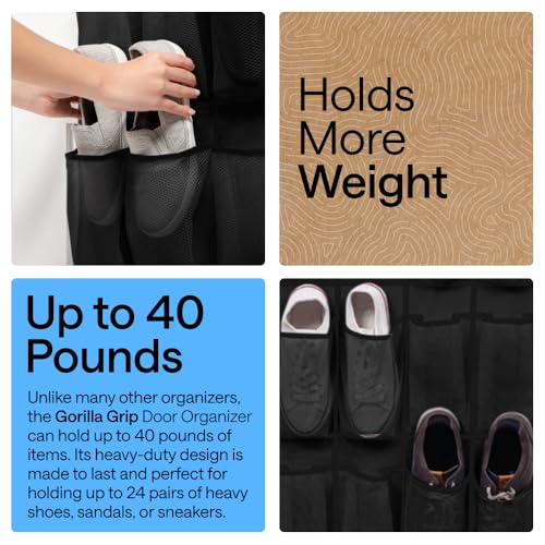Gorilla Grip Over the Door Shoe Organizer, 24 Mesh Pockets, Black
