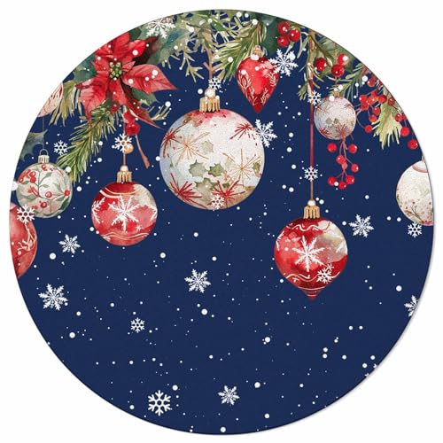 LooPoP 6ft Navy Blue Christmas Round Area Rug Poinsettia Snowflake Home Decor