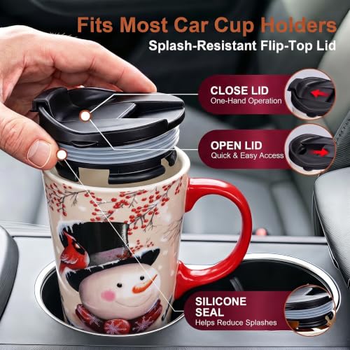 Topadorn 17oz Ceramic Travel Mug with Lid - Snowman Cardinal Christmas Coffee Cup