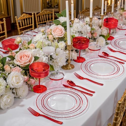 Ciaell 150-Piece Red & Clear Plastic Disposable Dinnerware Set for Weddings & Parties