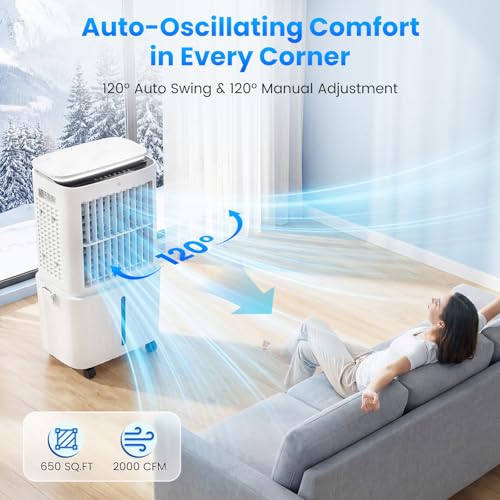 Evaporative Air Cooler, 6.8 Gal Swamp Cooler with 120° Oscillation