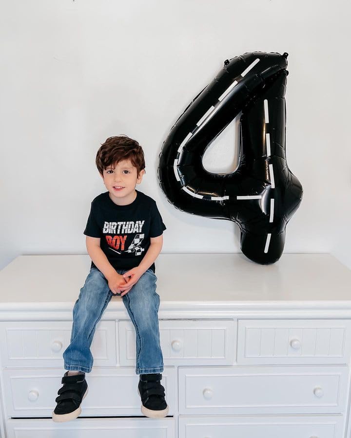 Race Car 4 Balloon - 40 Inch Number Balloon for 4th Birthday Party Decorations | Black Racecar Theme