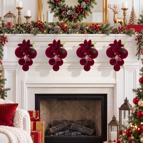 Burgundy Velvet Christmas Ball Clusters Ornaments Set - 4 Pcs Holiday Decor