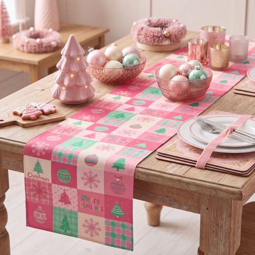 Gilprop Pink Christmas Table Runner 13 x 72 in Pastel Checkered