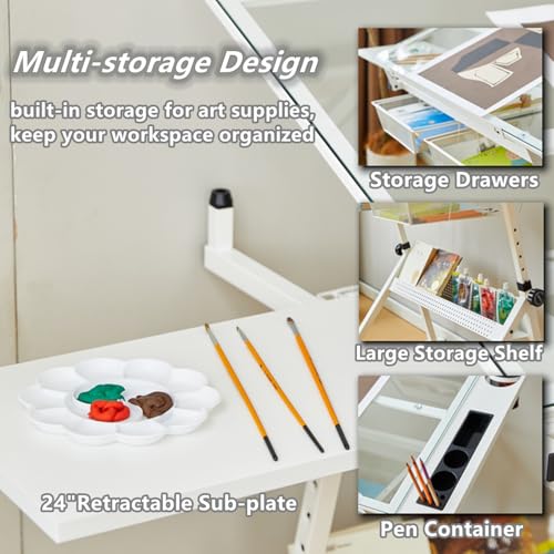 Adjustable Drafting Table with Stool, Tilting Glass Top Art Desk for Drawing