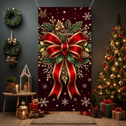 Christmas Door Cover 71x35in - Elegant Red Bow Holly Banner with Gold Snowflakes (Variation: Christmas red bow / 71x35 inches)