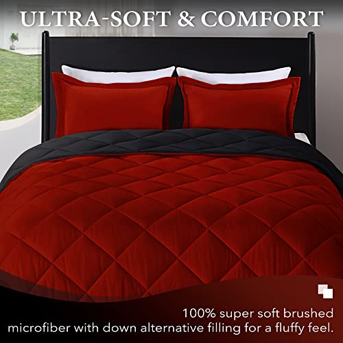 King Size Reversible Comforter Set - 3-Piece Red & Black Bedding with Shams