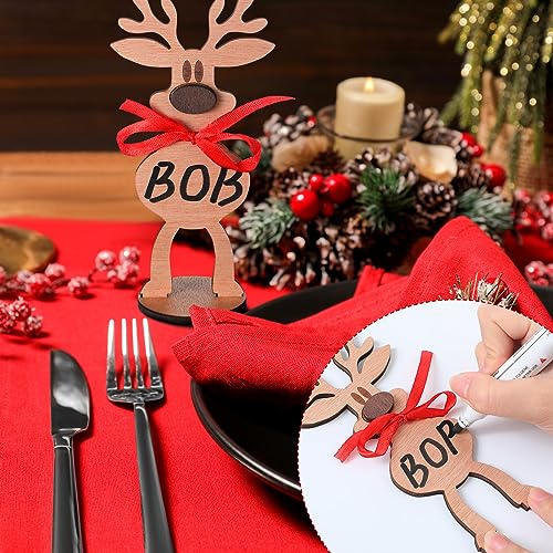 Cholemy Reindeer 12 Pcs Wooden Name Place Card Holders for Table Setting