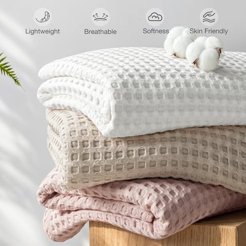 Lightweight 100% Cotton Waffle Blanket Queen Size - Khaki, 90x90 Inches