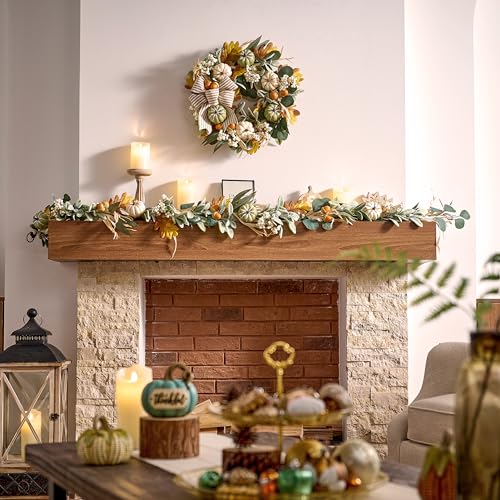 20-Inch Lighted Fall Wreath for Front Door with Timer and Pumpkins