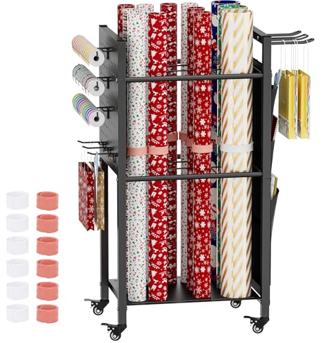 Rolling Wrapping Paper Storage Organizer Cart with Wheels and Bag Holder