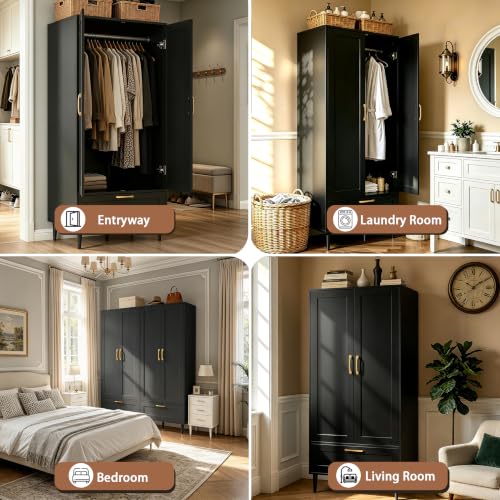 Modern 2-Door Bedroom Wardrobe with Hanging Rod and Drawer, 60-Inch Black