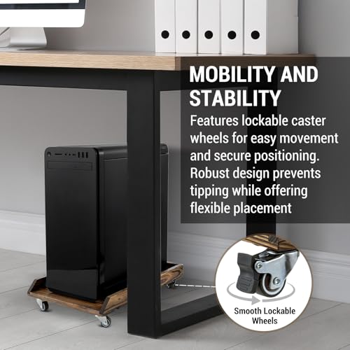 Rustic Solid Wood CPU Tower Stand with Rolling Lockable Caster Wheels