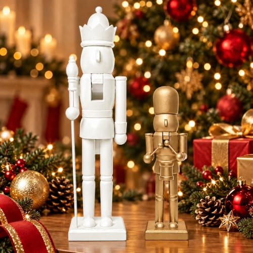 Nutcracker Christmas Decor Set, 2-Pack White & Gold – Royal King & drummer Figurines, 15in & 9.85in (Variation: Whitegolden) by Tngan