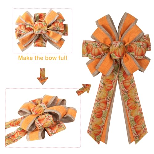 2-Pack Large Fall Wreath Bows 20x12 Inch - Orange Pumpkin Wired Autumn Bows