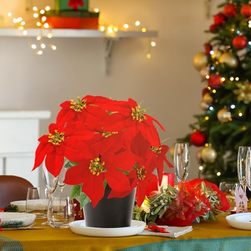 1PC Red Poinsettias Artificial Christmas Flowers, 9 Heads, 14 Inch Faux Plant for Holiday Decor