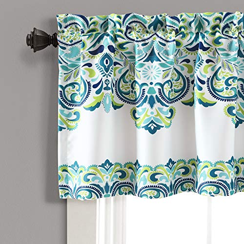Lush Decor Clara Valance Paisley Damask Print Bohemian Style Single Curtain, Valance, Blue & Green