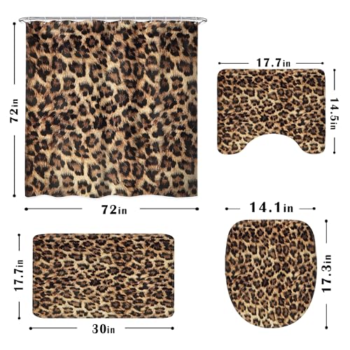 4-Piece Leopard Print Shower Curtain Set with Non-Slip Bath Mats