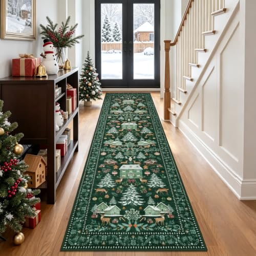 famibay Green 2' x 8' Christmas Runner Rug Non-Slip Washable Kitchen Decor