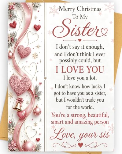 Sister Christmas Card - Personalizeable 5x7in Greeting Card for Sister, Includes Kraft Envelope, C Style Variation