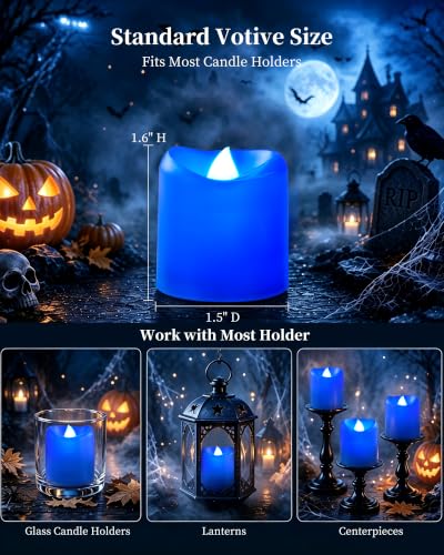 Ceremlit Blue LED Votive Candles 12 Pack Battery Operated Flameless Tealights