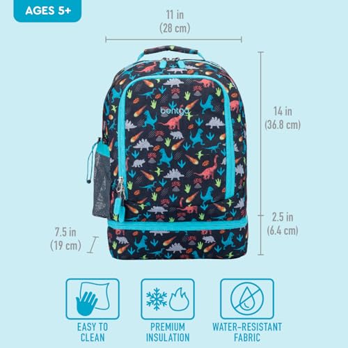 Bentgo Kids 2-in-1 Backpack & Insulated Lunch Bag - Durable 16¡± Backpack & Lunch Container in Unique Prints for School & Travel - Water Resistant, Padded & Large Compartments (Dinosaur)