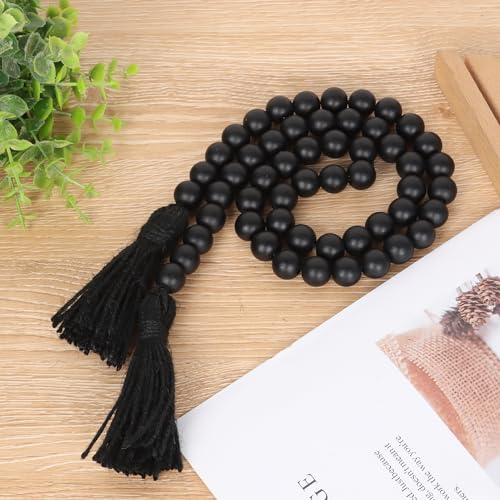 39-Inch Black Wood Bead Garland with Tassels, Rustic Farmhouse Decor