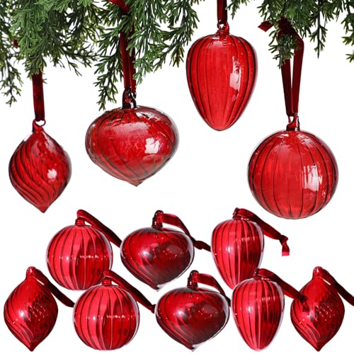 Large Glass Christmas Ornaments Set - Burgundy Holiday Decorations, 12 Pcs