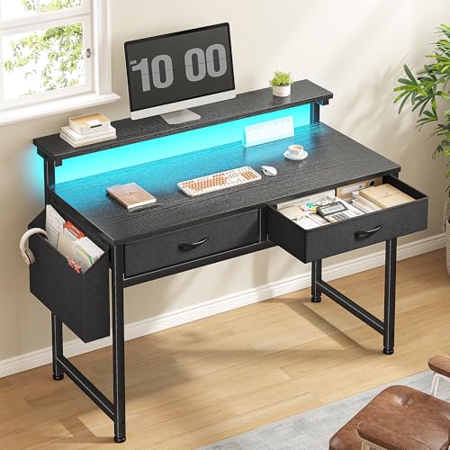 31-Inch Small Computer Desk with LED Lights, 2 Fabric Drawers & Monitor Stand