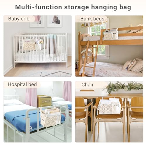 Macrame Bedside Hanging Organizer with 4 Pockets and Metal Hooks