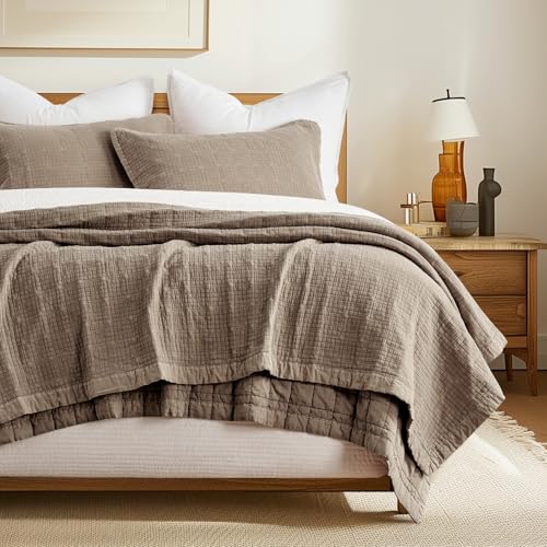 EverGrace Stonewashed Cotton Quilt Set, King, Mocha Brown Oversized Coverlet