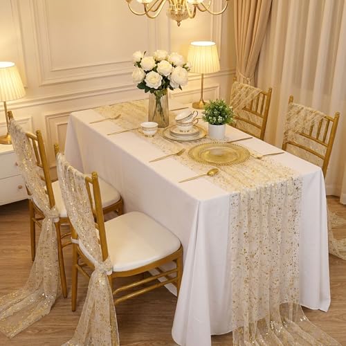 Beige Gold Metallic Gauze Table Runner 28x120 Inches - B-COOL