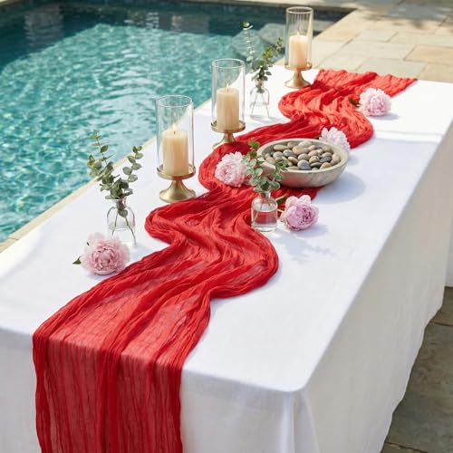 Red Cheesecloth Table Runner 17x108 Inches - Boho Sheer Fabric Set of 8