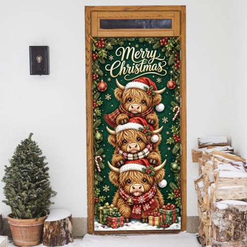 White Highland Cow Christmas Door Cover 35x79in - Holiday Seasonal Decor
