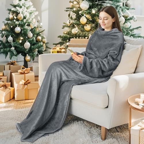 Wearable Blanket with Sleeves, Fleece Throw Wrap for Lounging and Reading