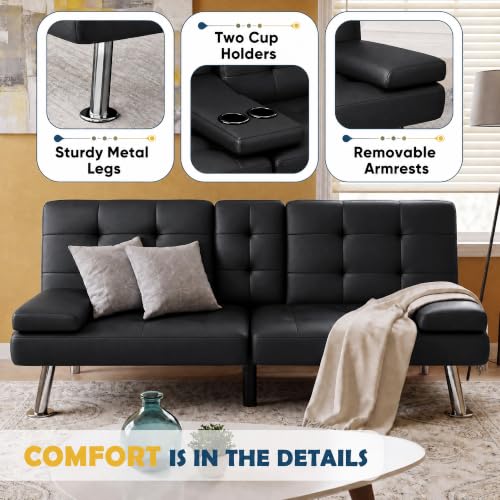 Adjustable PU Leather Futon Sofa Bed with Cup Holders and Armrests