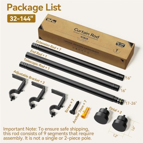 YaFex Heavy Duty Adjustable Curtain Rod 32-144 Inch Black Metal