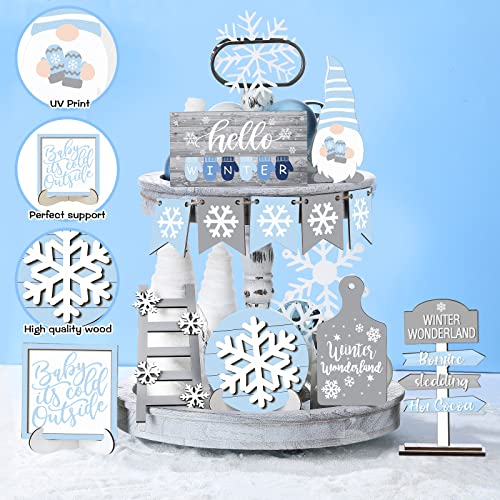Yalikop 12-Piece Winter Tiered Tray Decor Set with Snowflake / Gnomes Style (Blue Gray) – Wood Signs