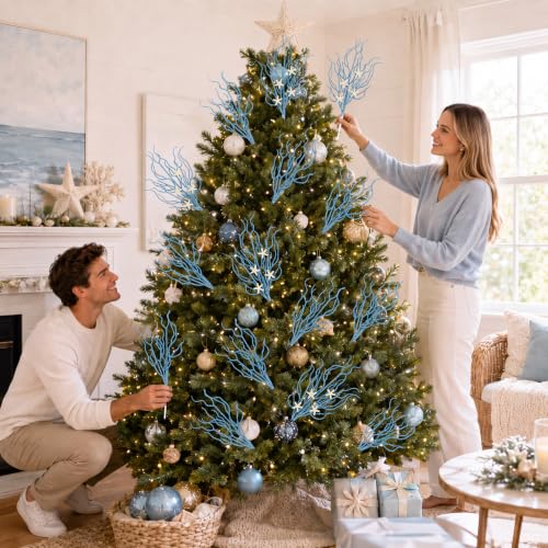 Coastal Blue Glitter Picks 15-Piece Set | Ocean-Themed Christmas Sprays
