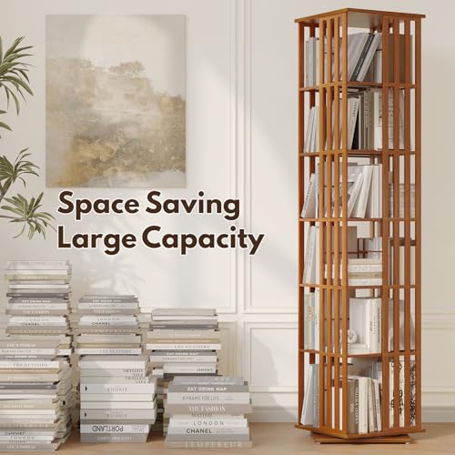 6-Tier Rotating Bamboo Bookshelf Tower - 360° Spinning Storage Rack