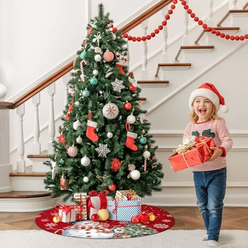 Casuru Red 48-Inch Snowman Christmas Tree Skirt | Let It Snow Holiday Tree Mat