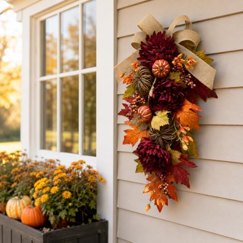 24-Inch Lighted Fall Teardrop Swag with Timer, Pumpkins and Burlap Bow