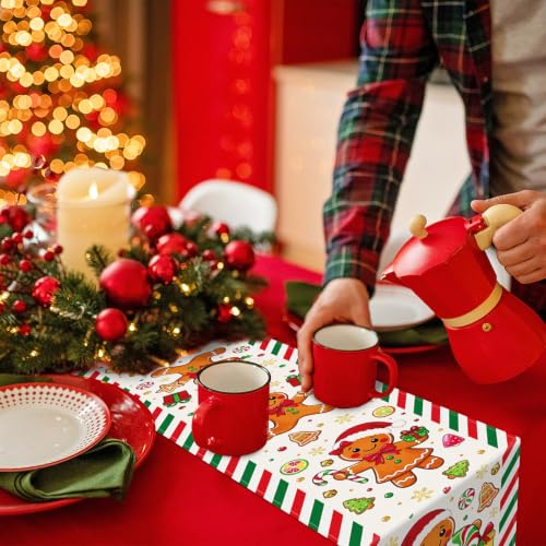 Christmas Gingerbread Table Runner 72x13 Inches - Holiday Linen Decor with Candy Canes & Christmas Tree Design - Gingerbread Variation