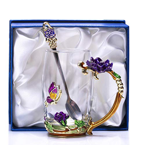 Kaiyuan Dynasty Blue Tall Enamel Glass Coffee Mug with Rose & Butterfly Design Set with Spoon