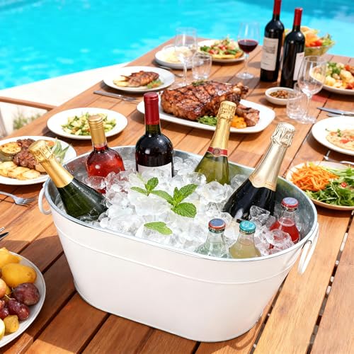 DAMSICO White Galvanized Beverage Tub with Handles - Large Ice Bucket for Parties
